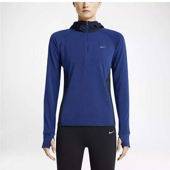 Nike Running Women M Dri-Fit Hooded Half-Zip LS Shirt Pullover Blue Lightweight - Picture 1 of 16